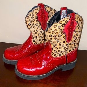 Ariat Fatbaby Western Red Leather & Leopard Print Cowboy Boots